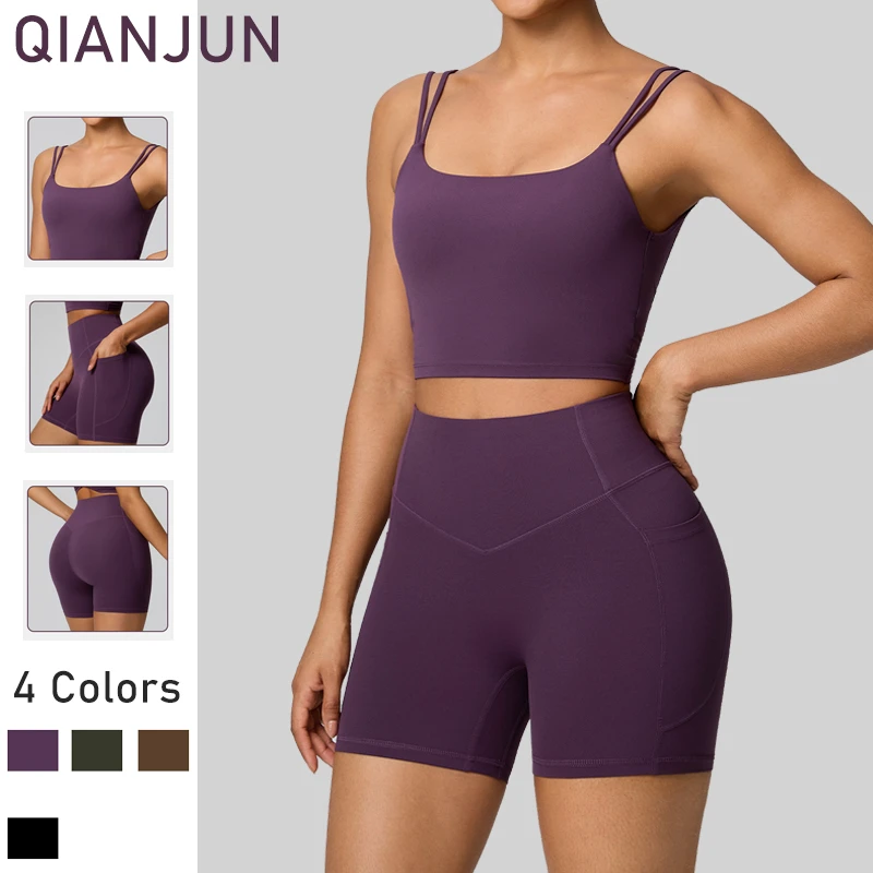 Women Activewear Fitness Sports 2-Piece Solid Pocket Yoga Set Hollow Back Yoga Tank Top High Waist Butt Lift Shorts Set
