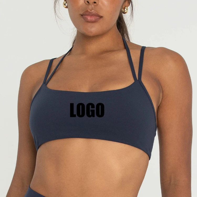 OEM Custom Four Way Stretch Soft Breathable Gym Cross Straps Sports Bra for Woman with Removeable Padding