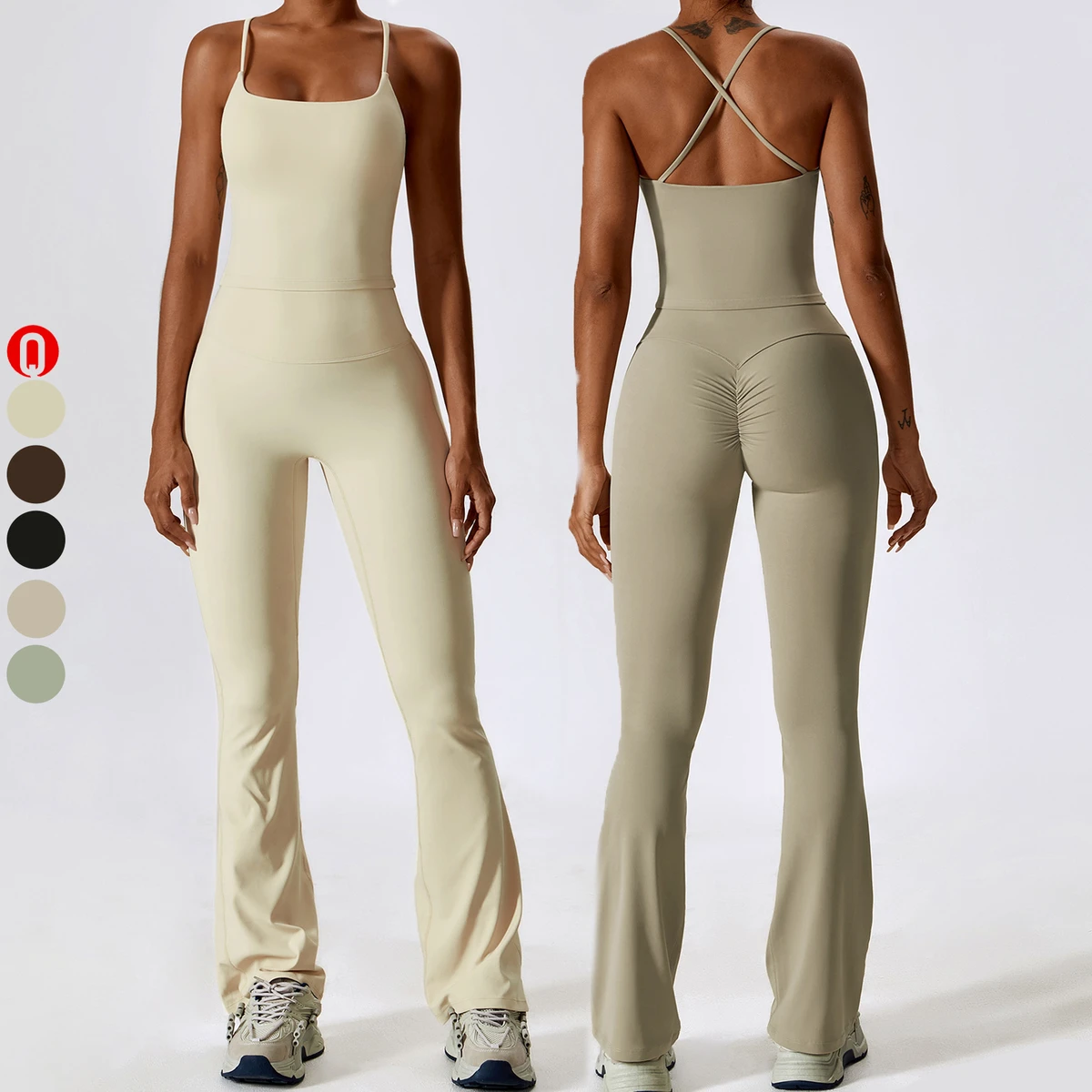 Skin-Friendly Women Gym Fitness Wear High Quality Workout Thin Straps Tank Top And Scrunch Butt Flared Leggings Yoga Sets