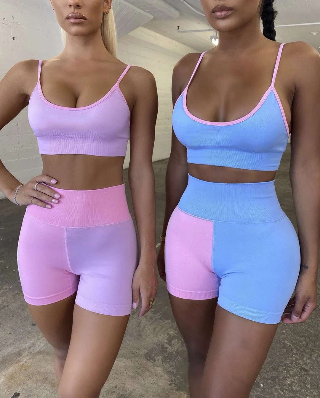 Macaron Thin Shoulder Strap Stitching Seamless Yoga Suit Sports Bra High Waist Running Leggings Shorts Suit Women