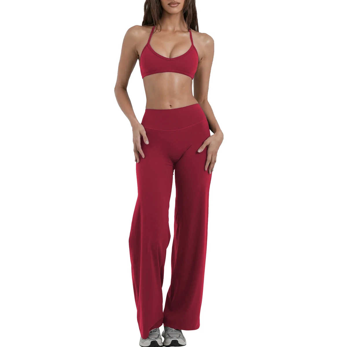Women's Breathable Lightweight Cross-Back Push-Up Sports Bra High-Waist Yoga Pants Solid Quick-Dry 2-Piece Workout Set Front