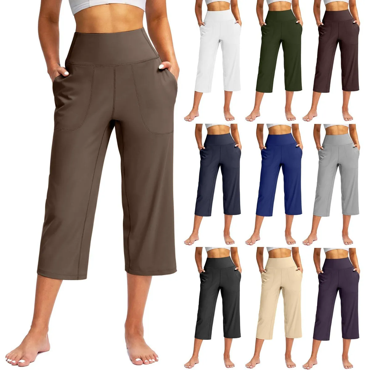 2025 European American Women's Cropped Sports Yoga Pants Solid Color High Waist with Tight Belly & Wide-leg Pocket Leggings