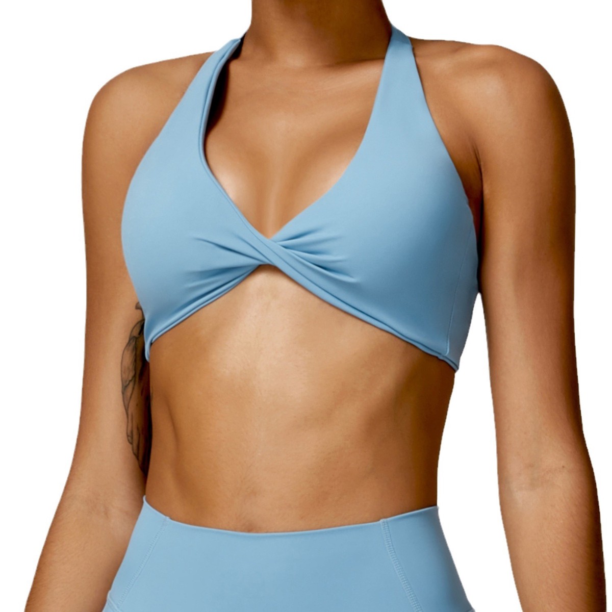 Quick Dry Solid Push up V-Neck Front Twist Criss-Cross Back Strappy Padded Yoga High Impact Halter Sexy Sports Running Bra