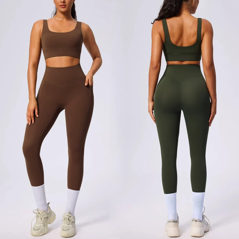High-Waisted Yoga Leggings Set with Square Neck Sports Bra - Buttery Soft Quick-Dry Workout Outfit for Women Gym Fitness