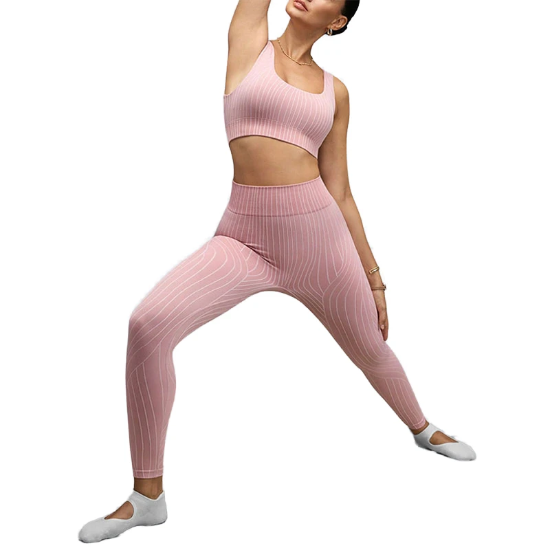 Customized Seamless Women's Yoga Sets: Pink Striped Twist Design Beautiful Back Bra and Butt Lift Elastic Pants for Sports Wear