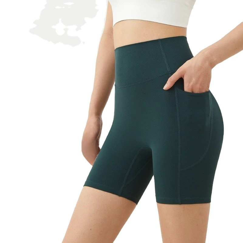 Naked Solid Color Seamless Breathable High Waist and Hip Lifting Yoga Shorts with Double-sided Pockets for Women's Fitness P...