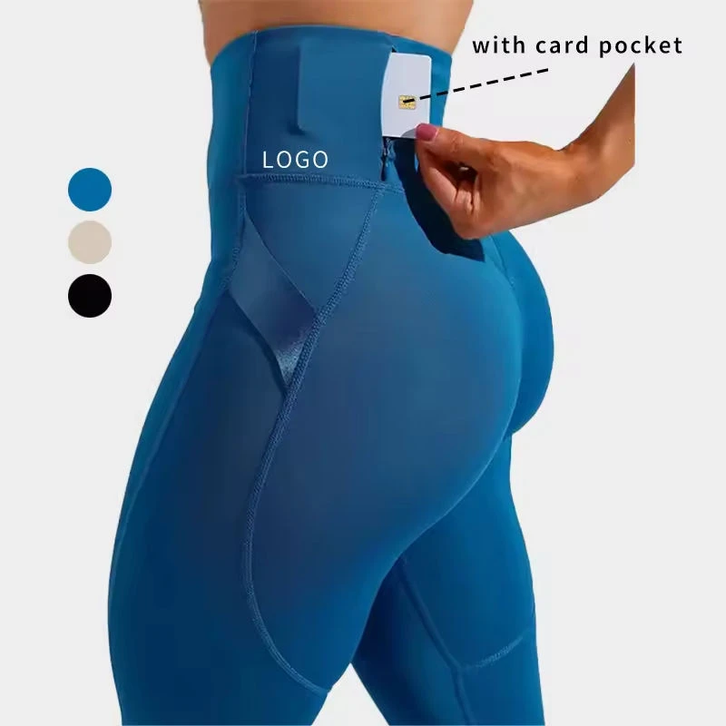 WOJIEER Yoga Pants Adults Elastic Side Loop High Waist Polyester Spandex Yoga Leggings With Card Pocket Butt Lift Leggings