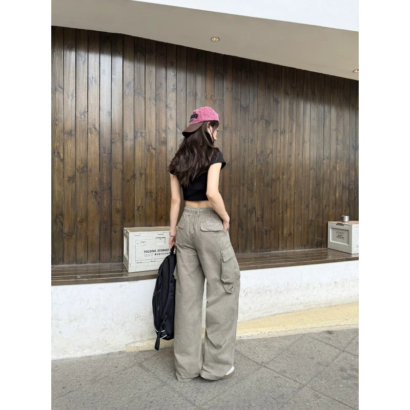 Wholesale Women's Mid Rise Zipper Fly Breathable 100% Cotton Cargo Pants Loose Wide Leg Multiple Pockets Print Washed Autumn
