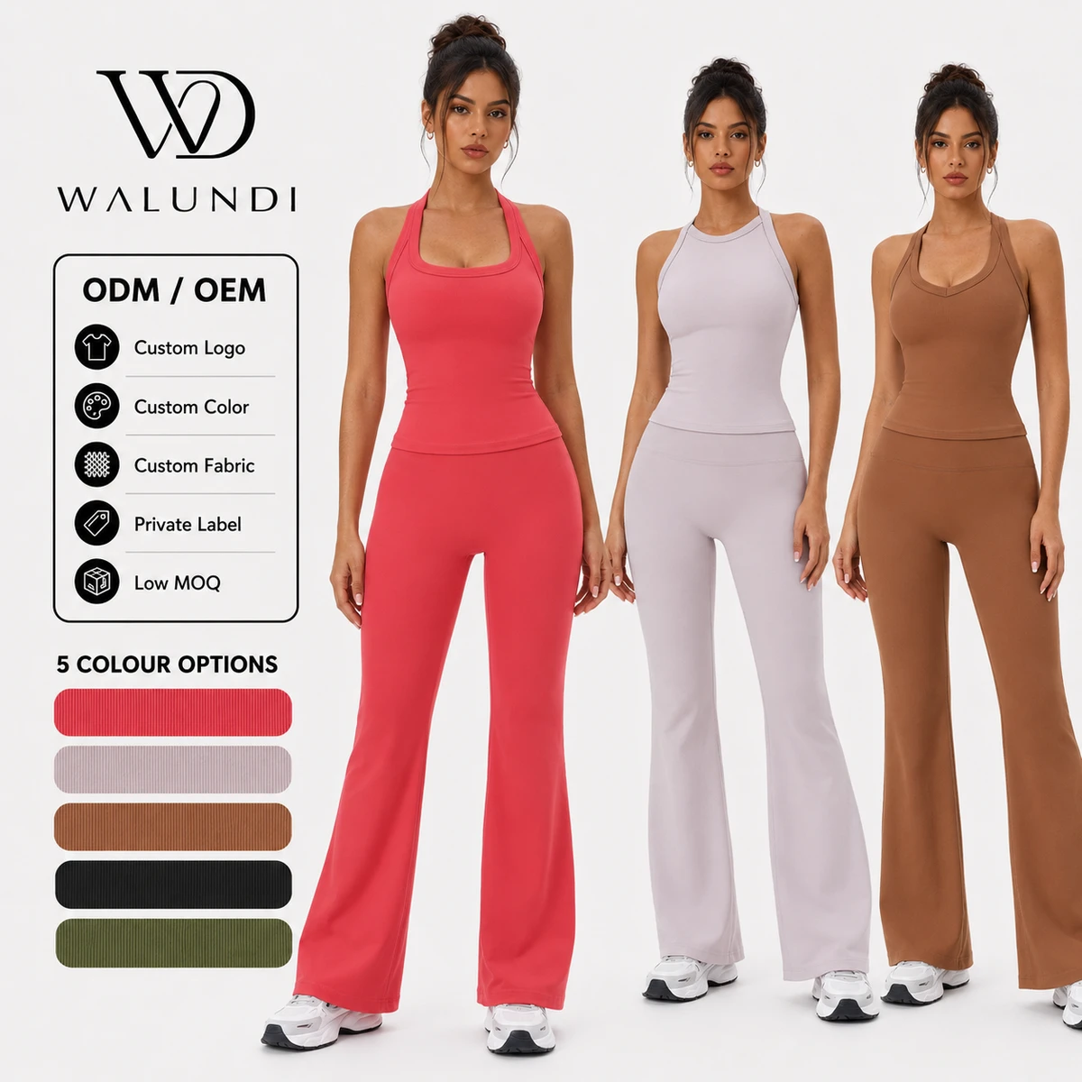 Custom Logo Solid Flare Yoga Set 2-Piece Women's V-Neck Tank Top High-Waisted Bootcut Leggings Four-Way Stretch Sweat-Wicking