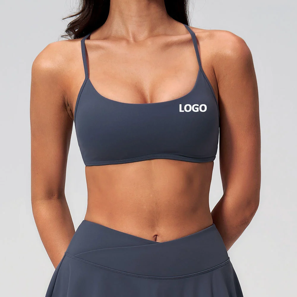 Thin Strap Cross Back Sports Bra Removable Pads Light Support Breathable Yoga Workout Bra