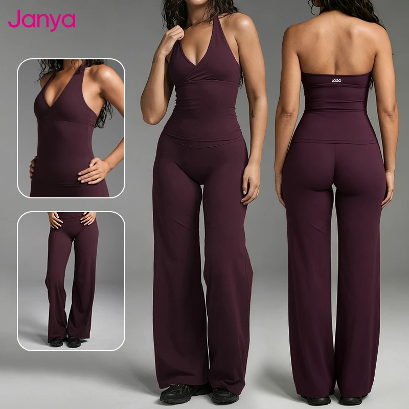 Janya 2026 High Waist Sportswear Set Solid Nude Gym Clothes Custom Logo Workout Outfits 2 Piece Flare Yoga Pants Sets for Women