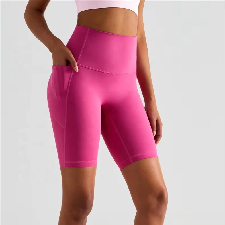 Womens High Waist Yoga Shorts Side Pockets Lifted Peach Shape Workout Running Gym Tights
