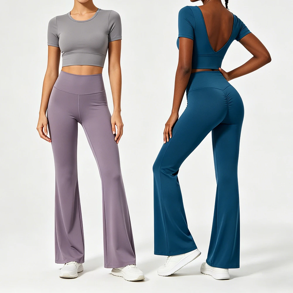 Women High Waist Bootcut Yoga Pants Solid Breathable Elastic Tummy Control Hip Lifting Slim Fit Sports Fitness Casual Wear