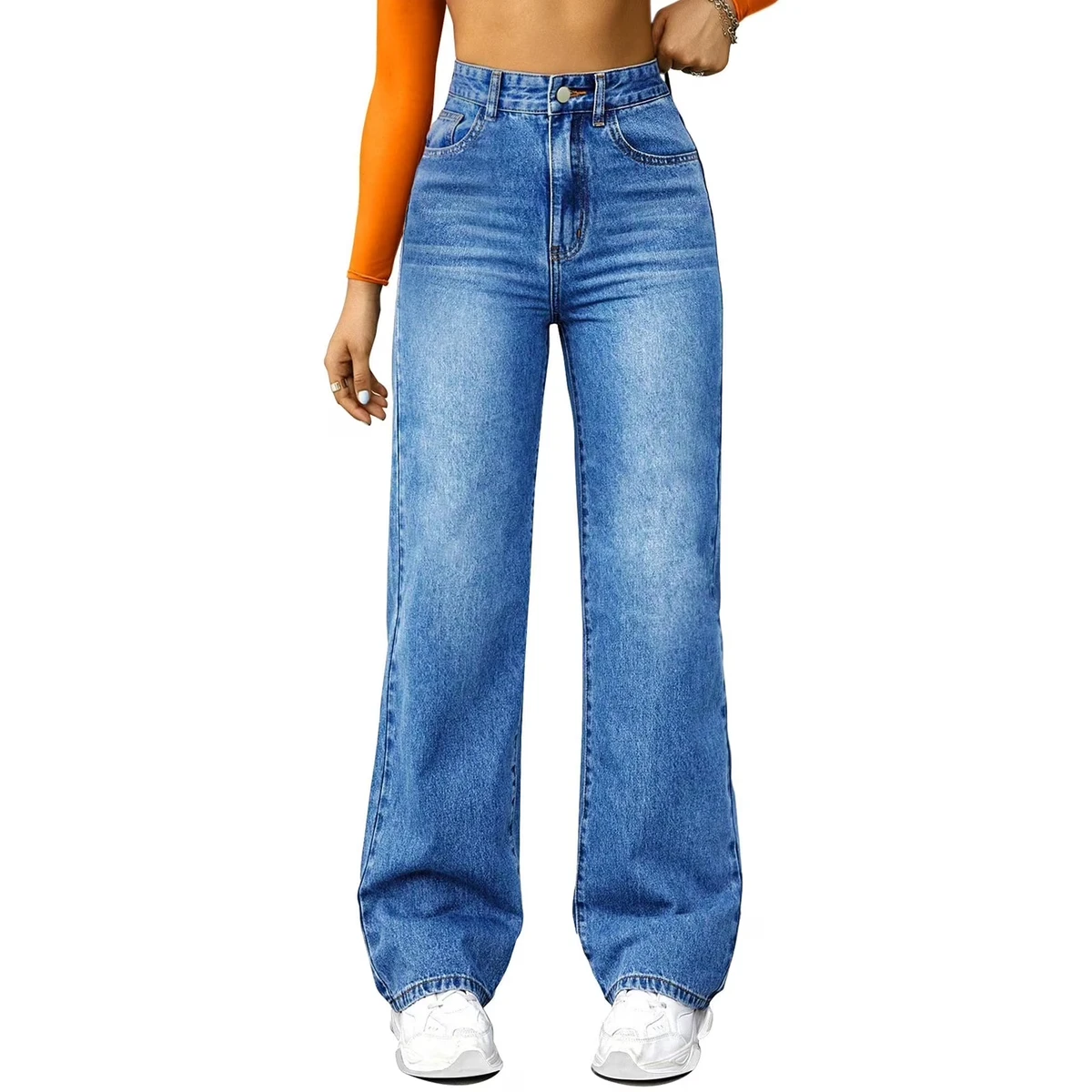 Vintage High Waist Straight Y2K Casual Women's Denim Jeans Mid-Wide Leg Eco-Friendly Embroidery Slight Stretchy Pockets Long