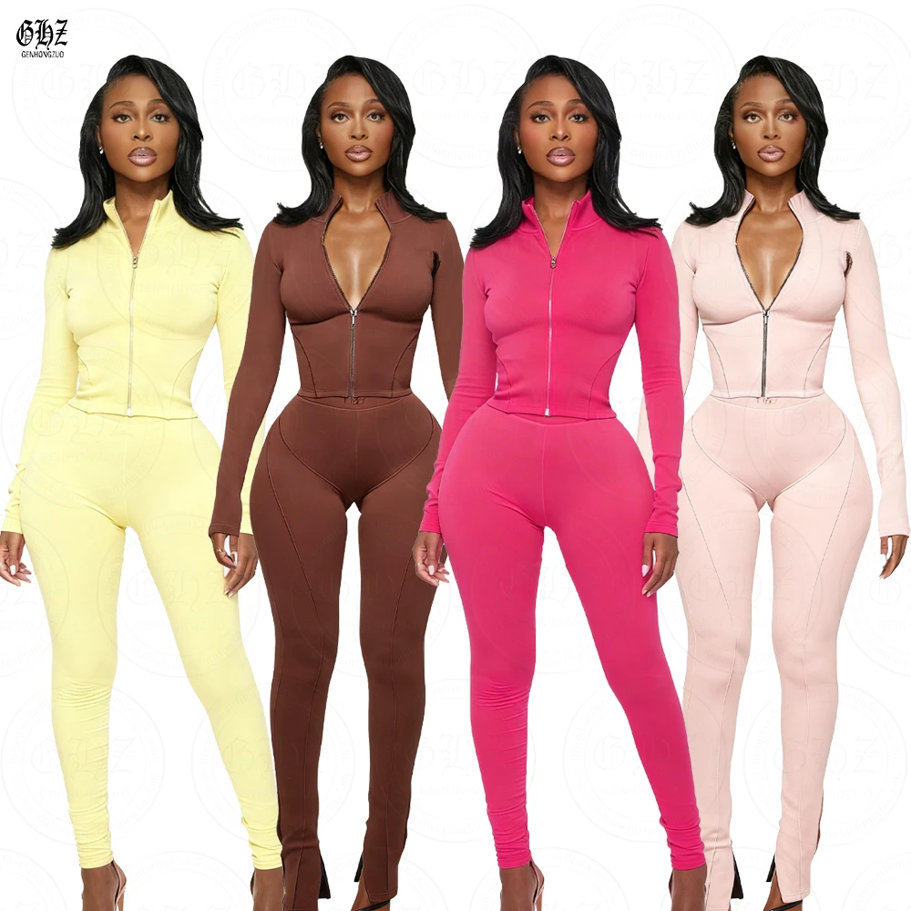 Custom Fashion Women Yoga Sets Pocket Design Long Sleeve Gold Zipper up High Waist Legging Quick Try Flared Pant