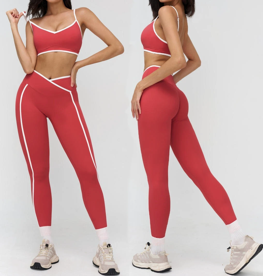 Women Workout Gym Wear Stretchy Adjustable Sports Bra High Waist Leggings Fitness Clothes Yoga Set with Side Stripes