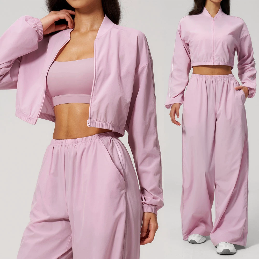 Bnice 2549 Custom Logo Women UPF50+ Zip-Up Crop Jacket Blush Breeze & Wide-Leg Loungewear Set Lightweight Yoga Set
