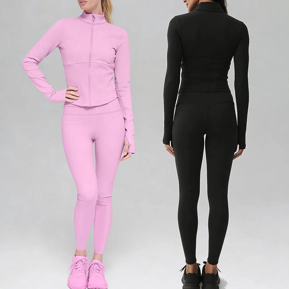 YIYI Quick Dry Stand Collar Yoga Set 3D Cutting Long-sleeve Yoga Set with Thumb Holes High-Waist Tummy Control Outfit for Ladies