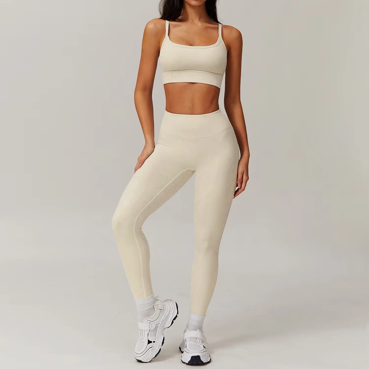 Women's Black 2-Piece Yoga Set High Waist Leggings Spaghetti Strap Crop Top Full Length Four-Way Stretch Solid Fitness Wear