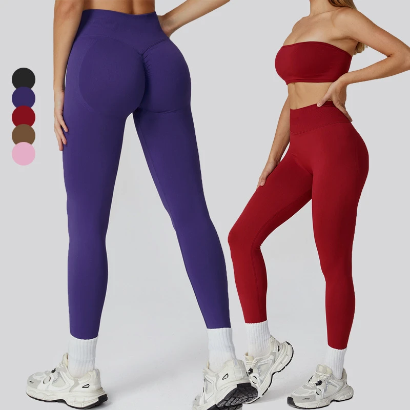 Seamless High Waist Full Length Yoga Pants Butt Lifting Design-Plaid Pattern Spandex/Nylon Tummy Control Workout Leggings for