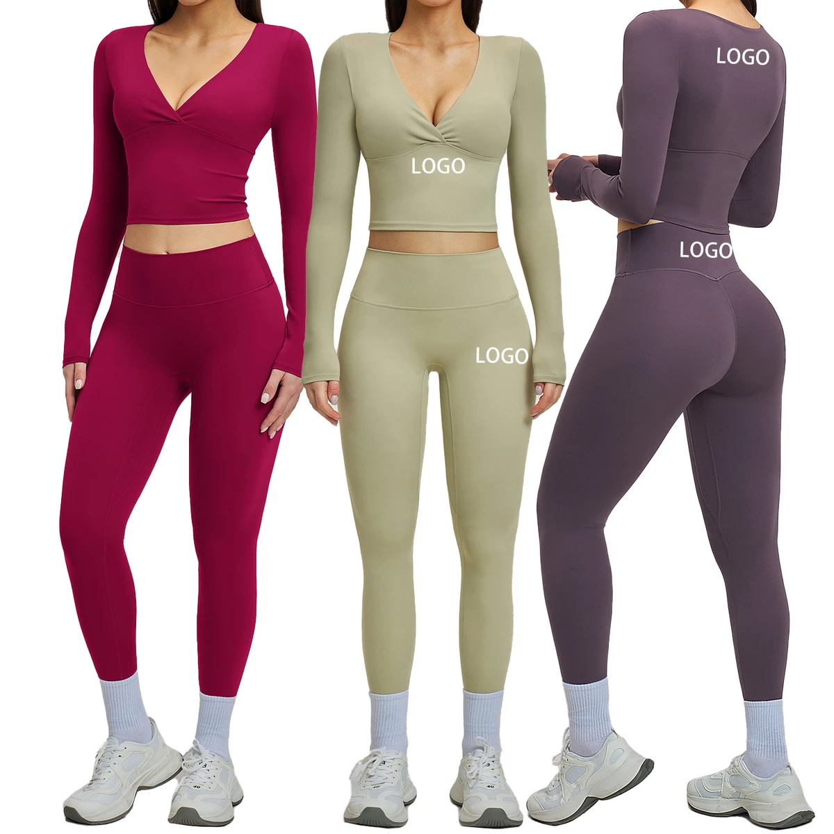 Premium 2 Piece Yoga Set Long Sleeve Crop Top High Waist Pants Slim Fit Stretchy Breathable Gym Fitness Active Wear