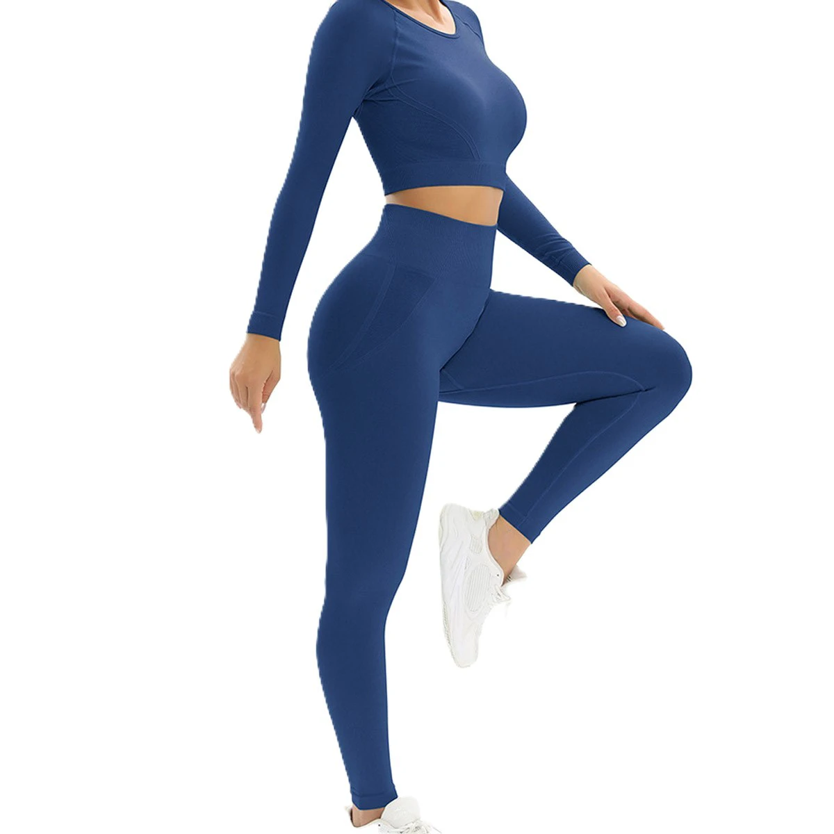Seamless 2 Piece Ribbed High Waist Legging Women Solid Long Sleeve Crop Top Slim Fit Lightweight Workout Gym Clothing Yoga Set