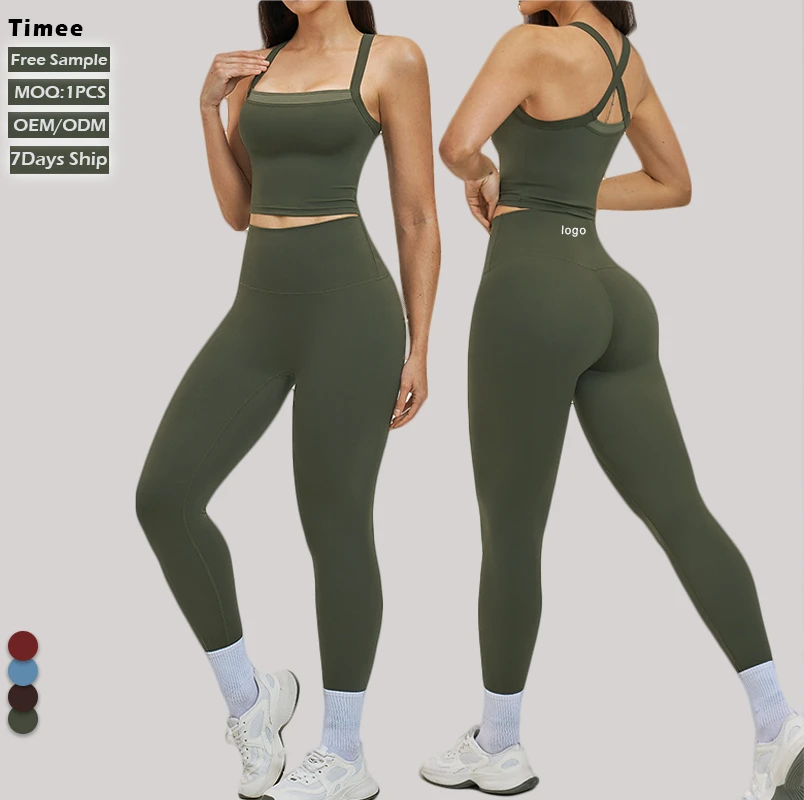 OEM ODM Wrinkle Resistant 2 Piece Workout Set Cross Back Sports Bra High Waist Yoga Leggings Breathable Women Yoga Set