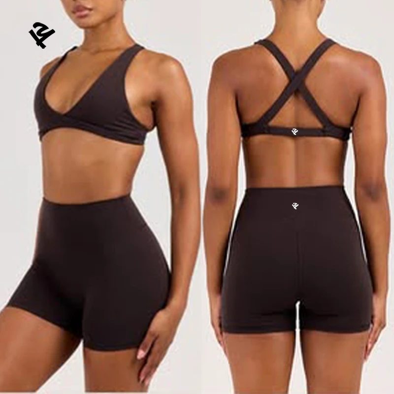 Fitness Yoga Wear High Quality 2 Piece Criss Cross Halter Crop Top and High Waist Workout Shorts Set Custom Gym Wears for Ladies
