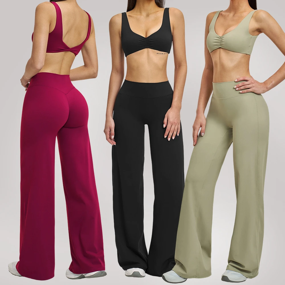 Custom Womens Yoga Sets Backless Sports Bra Suits Mid Waisted Wide Leg Leggings Active Wear Girls Yoga Set