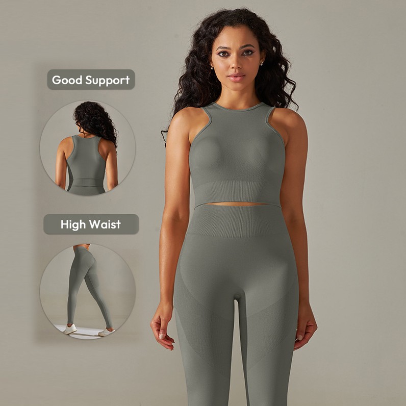 Women's Custom Two-Piece Gym Set Breathable Stretch Fitness Yoga Crop Tank Top and Legging Solid Color Tight Workout Outfit