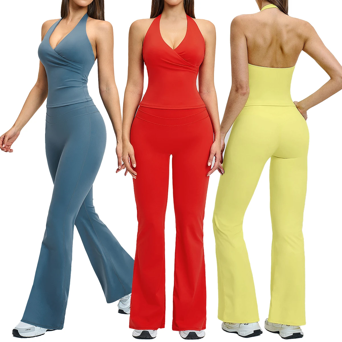 Wholesale Women 2 Piece Outfits Workout Yoga Sports Track Suits Halter Neck Crop Top High Waist Flared Pant Sets