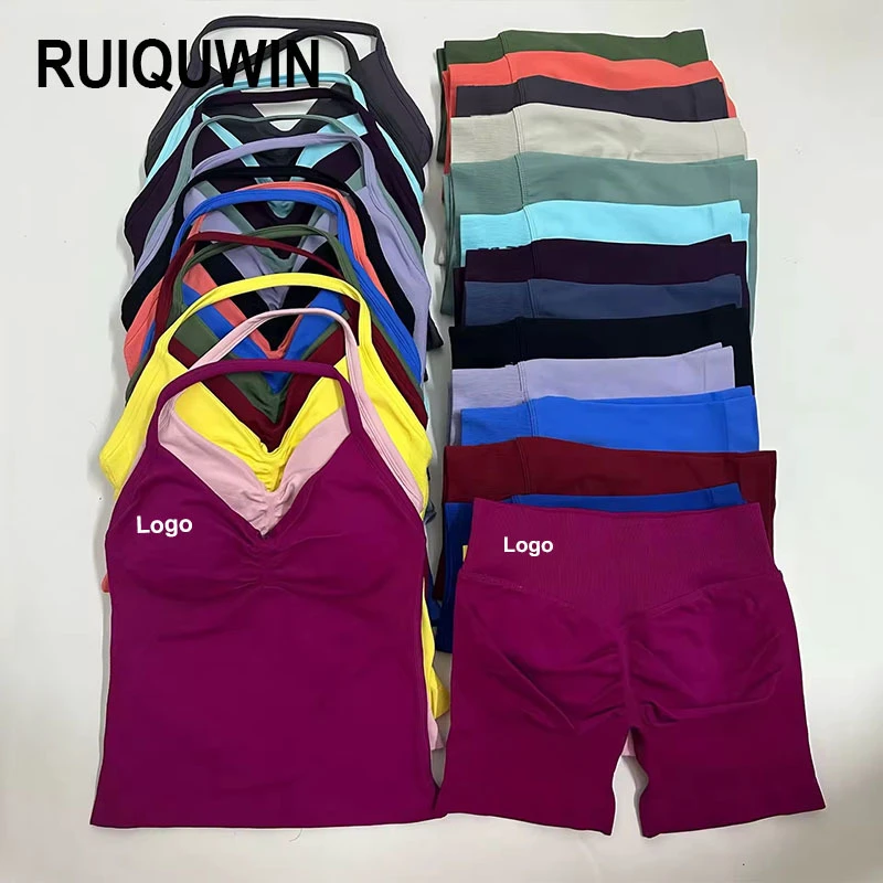 RUIQUWIN Custom Logo Women's Solid Color Gym Yoga Set Backless Halter Yoga Top High Waist Tight Yoga Pants 2 Piece Workout Suit