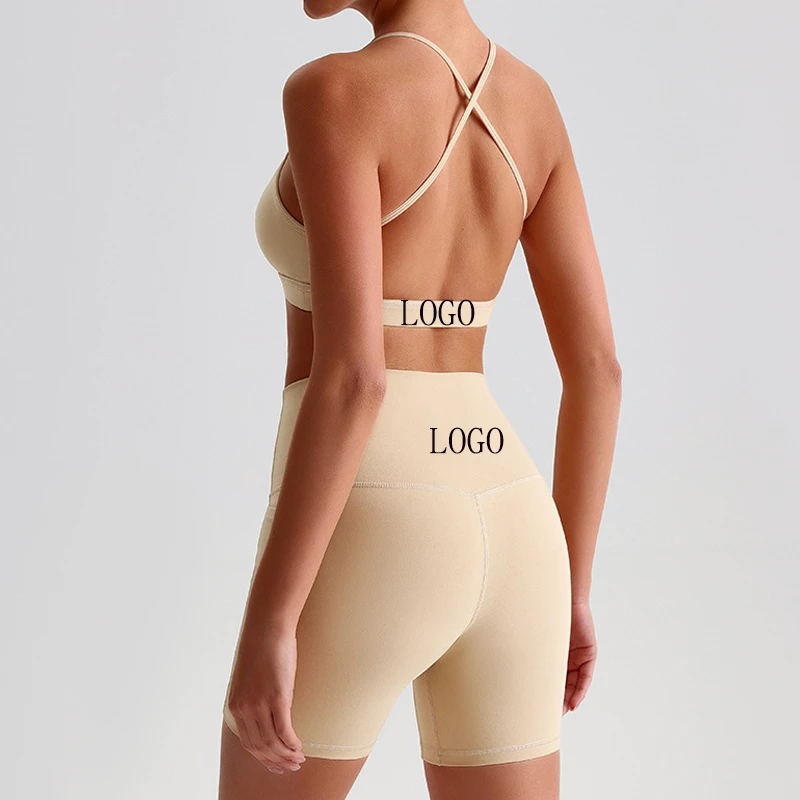 Women's High Waist Nylon Gym Shorts Pocket Cross-Shoulder Strap Bra Yoga Set Solid Wholesale Customized Sportswear Training