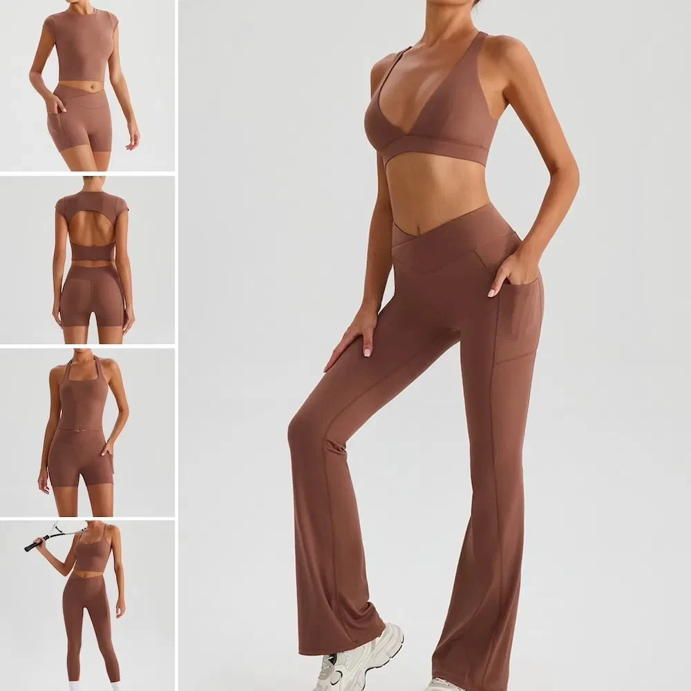 Newest Solid Ropa De Yoga Sportswear Tops + Deep V-Neck Sports Bra + Shorts + Leggings + Flare Pants Side Pockets Eco-Friendly