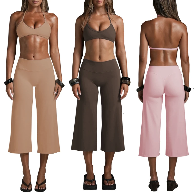 Yoga Set Solid Soft Breathable Backless Halter Bra Knee-Length Wide-Leg Pants Two-Piece Tracksuit Ropa Deportiva Mujer Summer