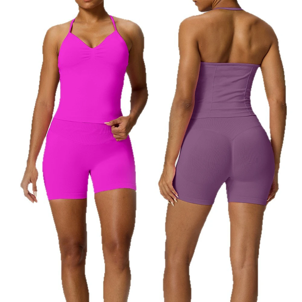 Soft V-neck Breathable Lightweight Yoga Vest Running Fitness Sports Bra High-Elastic Three-Quarter Shorts Yoga Set