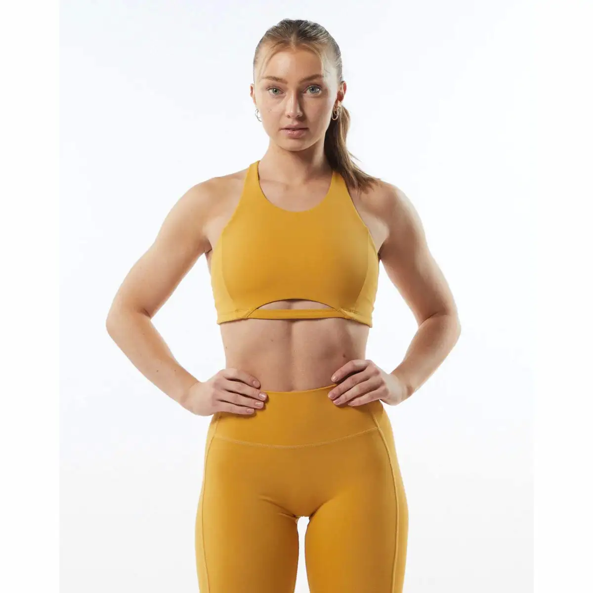 Exotic Yellow One Piece Sports Bra for Women High Neck Style Racer Back Bindingless Hem Breathable Medium-Support Seamless Yoga