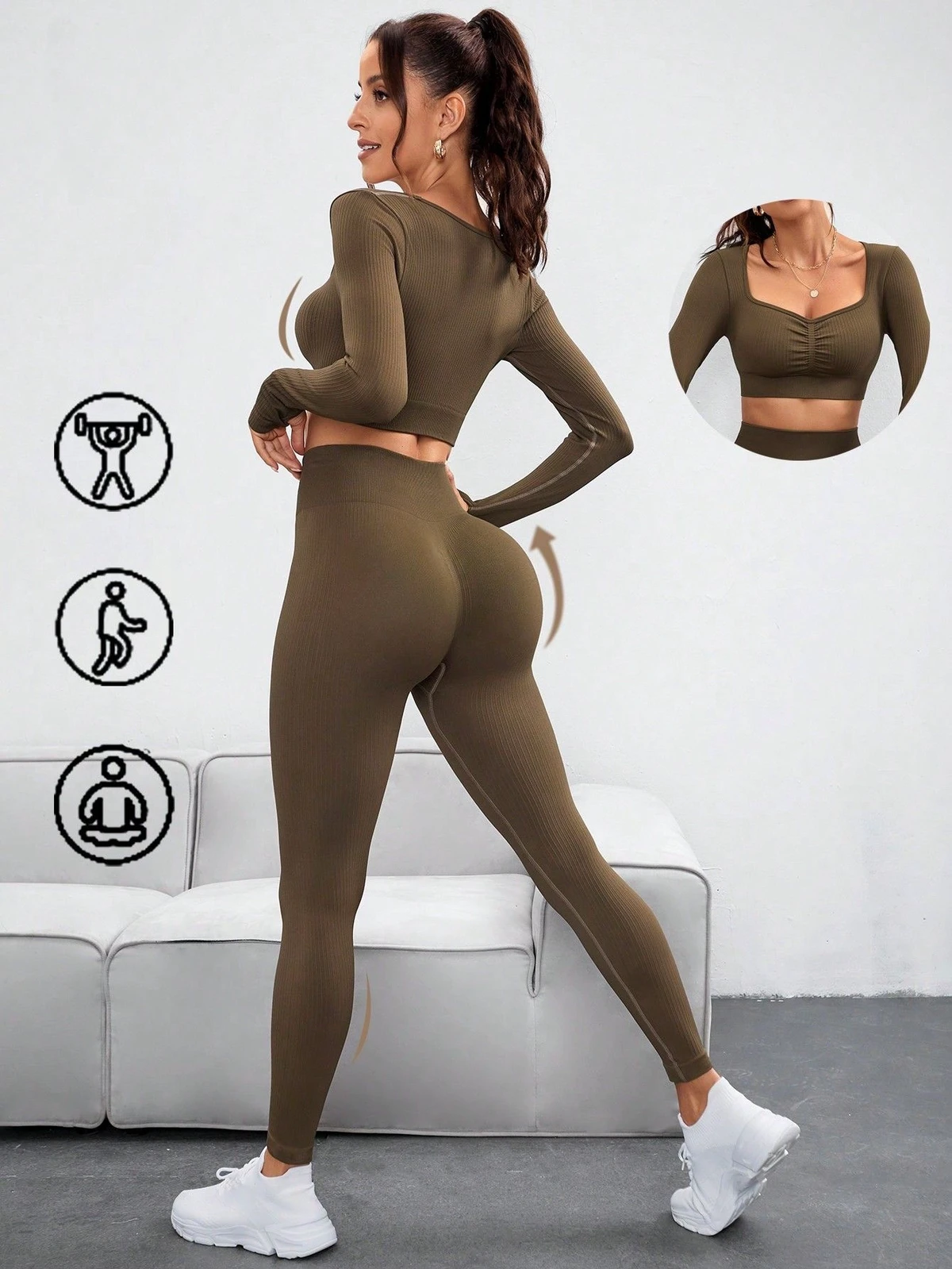 Customized Solid Seamless Long-sleeved Yoga Suit Women's High Elastic Quick-drying Tight Running Sports Fitness Pants Two-piece