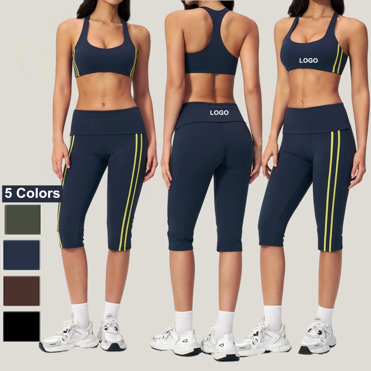 Newly Color Blocking Yoga Set Women Sportswear Gym Shorts Strappy Sports Bra 2 Piece Set Halter Workout Clothes Fitness Suit