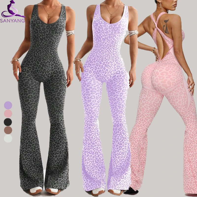 New Leopard V Waist Women One Piece Yoga Bodysuit Lady Cross Beauty Back Gym Flare Pants Overall Female with Pad Jumpsuit