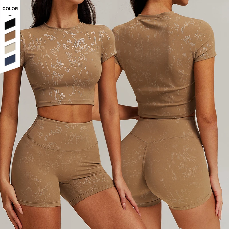 Summer Round Neck Nude Shock-proof Casual Yoga Crop Top Suit Sports Hip Lifting Hight Waist Compressions Shorts Leggings Set