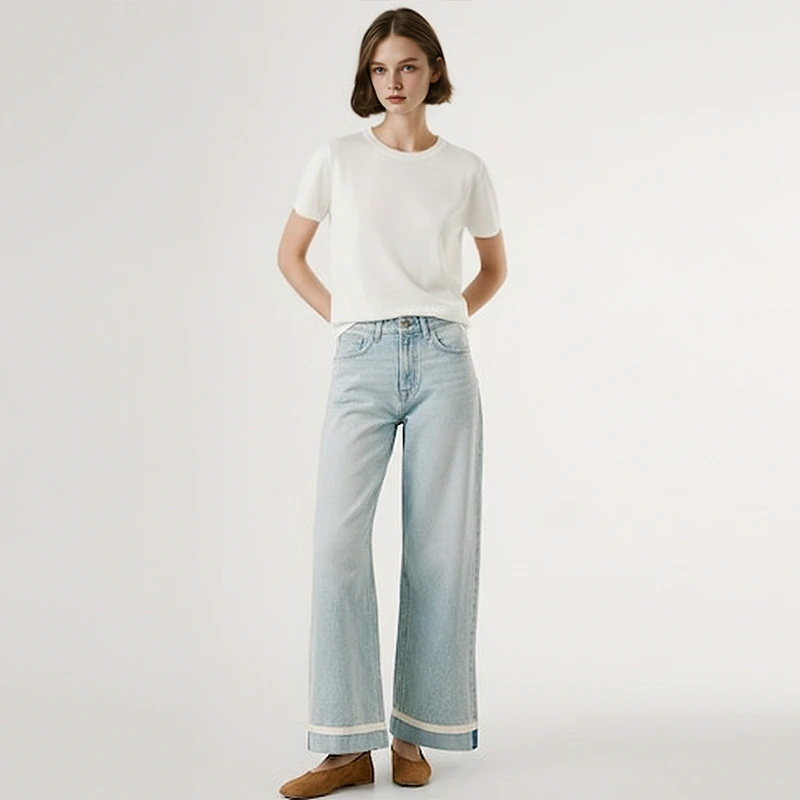 Spring Essential Eco-Friendly Breathable Loose Vintage Wide Leg Denim Jeans Casual Chic Style Women's Light Blue Mid Rise White
