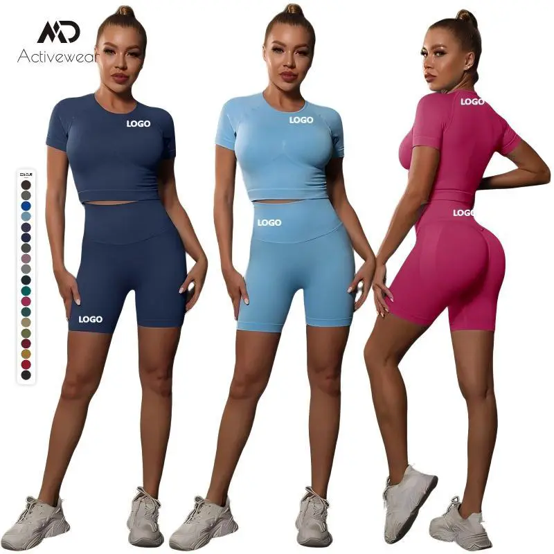Women's 2pcs Seamless Workout Sets Yoga Gym Clothing High Waist Crop Top Leggings Breathable Short Sleeve Sports Suit Solid