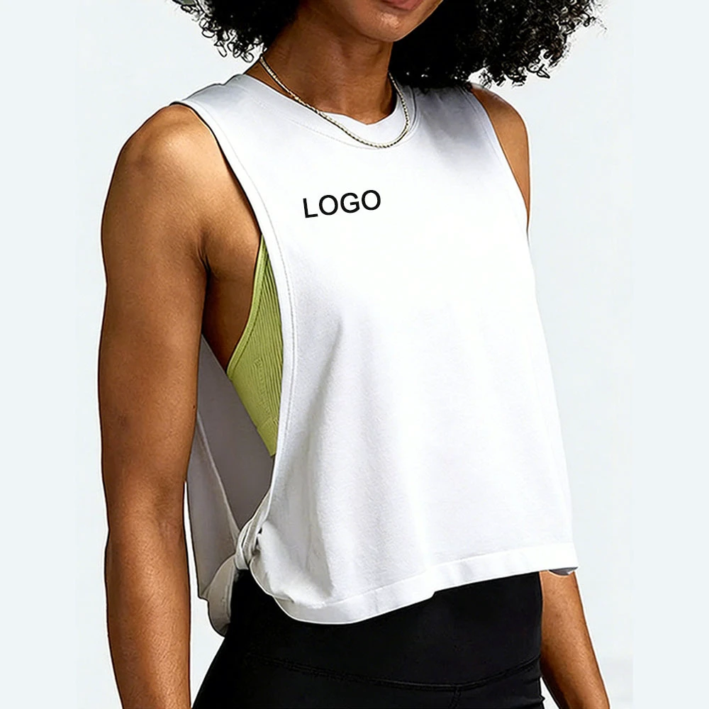 Custom Logo Breathable Nylon Spandex Loose Sleeveless Gym Crop Tops Sports Vest Womens Running Yoga Top Fitness Training