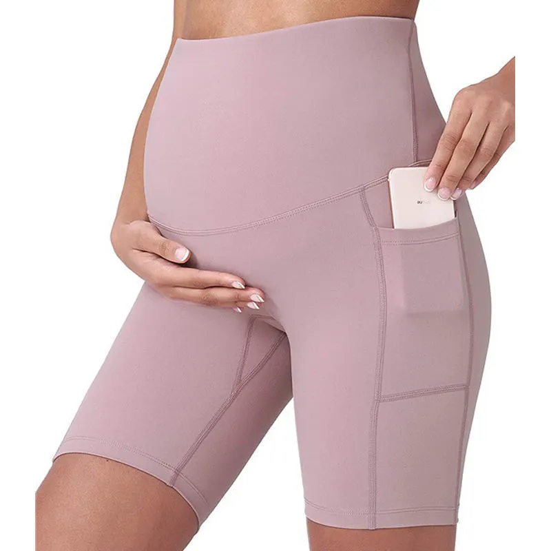 High Waisted Women's Maternity Yoga Shorts with Over the Belly Support Solid Pattern & Side-Pocket Full Coverage Front
