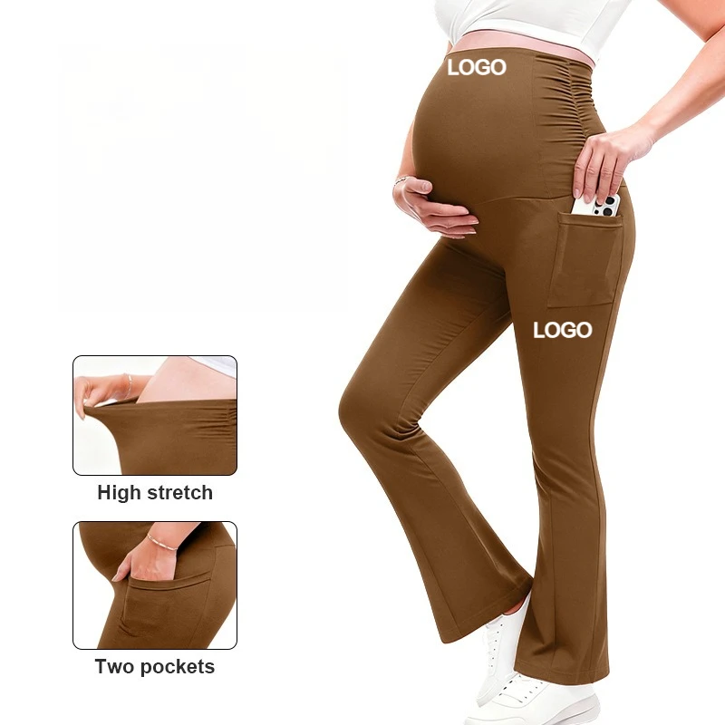 Custom LOGO Maternity High Waisted Flared Yoga Pants Solid Stretch Side Pockets Belly Support Soft Casual Pants for Women