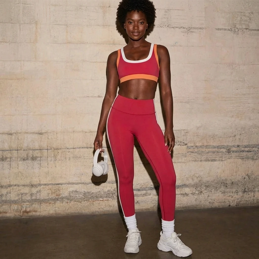 Color - Block Sports Bra & High - Waisted Leggings Set (Red - Orange - White Color) Fashion Sporty Color Fashionable Sporty