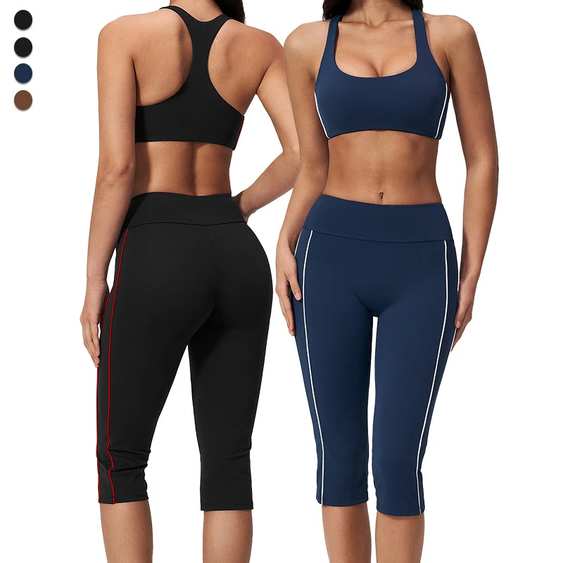 TZ4539-5 Skin-friendly Yoga Sets With Quick Dry Racer Back Bra And High-waisted Tummy-restricting Capri For Fitness And Exercise