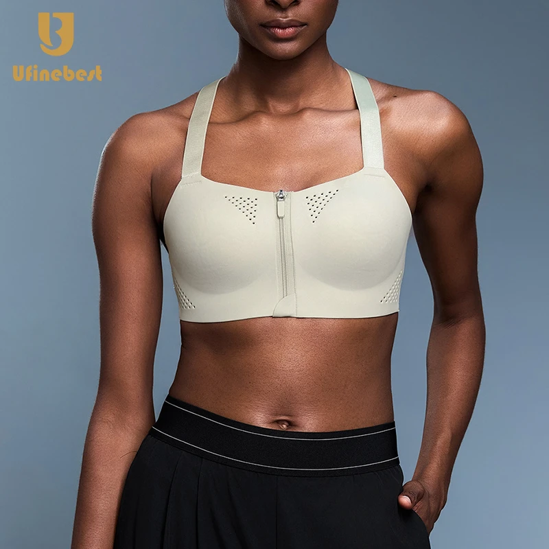 Women's Fitness Yoga Bra High Support Front Zipper Traceless Cross Adjustable Straps Lightweight One Piece Sports Breathable