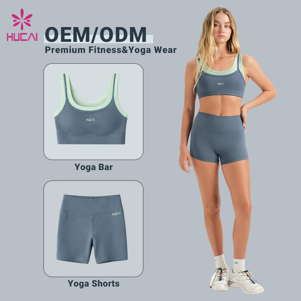 OEM HUCAI Custom Logo Spandex High Quality Scoop Neck Thin and Thick Strap Layered Double Layer Gym Yoga Top Sports Bra